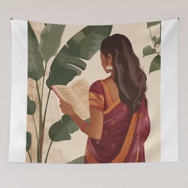 Item preview, Indian woman in saree reading book designed and sold by Rockwpapart.