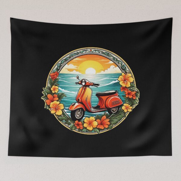 Item preview, Vintage Motor Scooter at Sunset by the Ocean with Hawaii Orchids designed and sold by NautiChic.