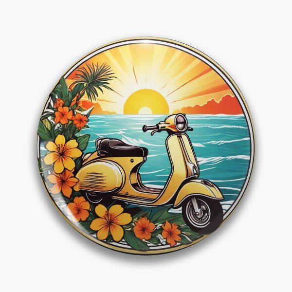 Artikelvorschau, Vintage-Elektroroller bei Sonnenuntergang am Meer mit Hawaii-Orchideen entworfen und verkauft von NautiChic.