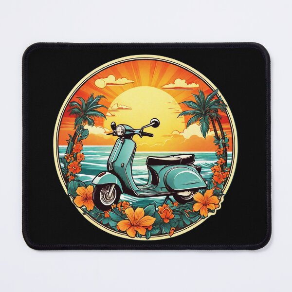 Artikelvorschau, Vintage-Motorroller bei Sonnenuntergang am Meer mit Hawaii-Orchideen entworfen und verkauft von NautiChic.