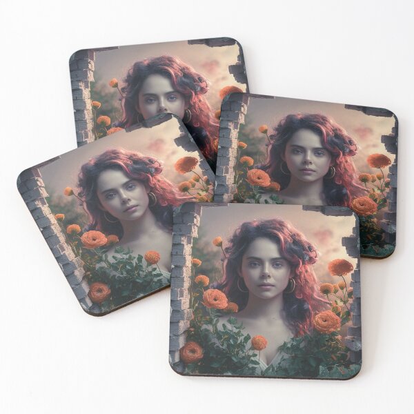 Item preview, A red-haired woman with flowers looking through a hole in a ruined wall designed and sold by BeaGraphicsDesign.