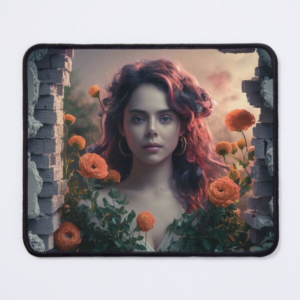 Item preview, A red-haired woman with flowers looking through a hole in a ruined wall designed and sold by BeaGraphicsDesign.