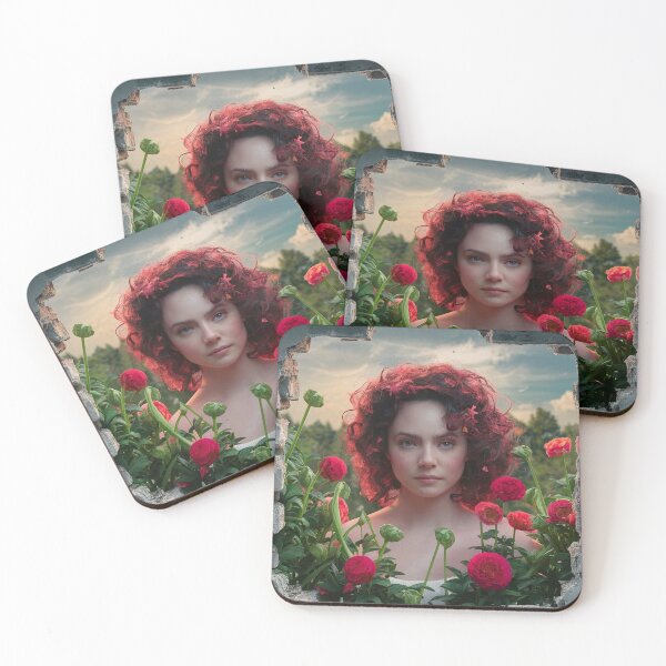 Item preview, A beautiful redhead woman among red flowers looking out from behind a broken wall  designed and sold by BeaGraphicsDesign.