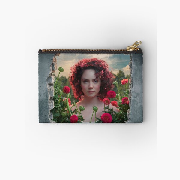 Item preview, A beautiful redhead woman among red flowers looking out from behind a broken wall  designed and sold by BeaGraphicsDesign.