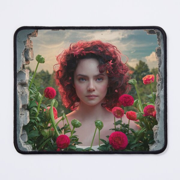 Item preview, A beautiful redhead woman among red flowers looking out from behind a broken wall  designed and sold by BeaGraphicsDesign.
