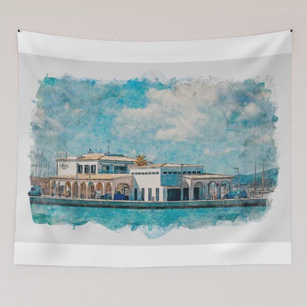 Item preview, Puerto Pollensa Marina La Llonja Restaurant Watercolour Effect designed and sold by GG WALL ART.