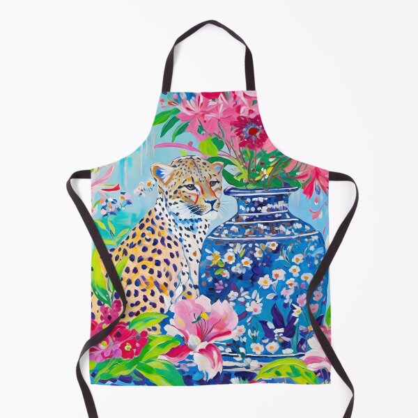 Artikelvorschau, Grandmillennial-Kunst, Gepard und rosa Clematis im Ingwerglas entworfen und verkauft von SophieClimaArt.