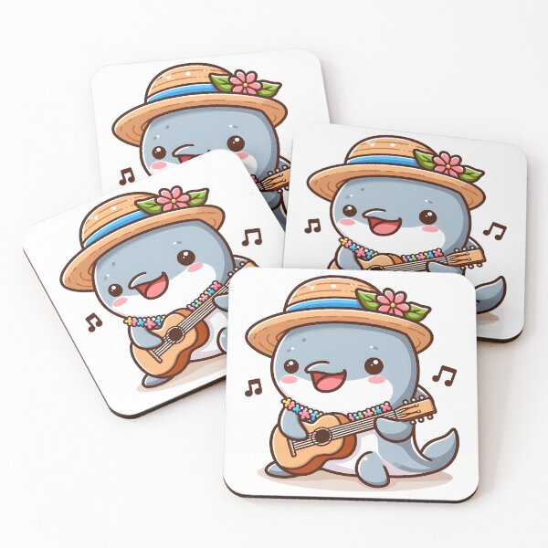 Item preview, Kawaii Dolphin With A Straw Hat And A Lei Playing Guitar designed and sold by CanvasCutie.