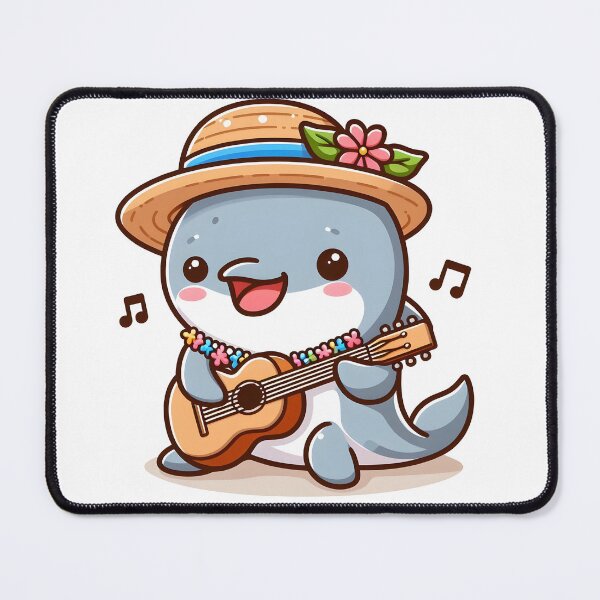 Item preview, Kawaii Dolphin With A Straw Hat And A Lei Playing Guitar designed and sold by CanvasCutie.