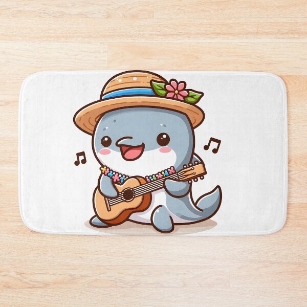 Item preview, Kawaii Dolphin With A Straw Hat And A Lei Playing Guitar designed and sold by CanvasCutie.