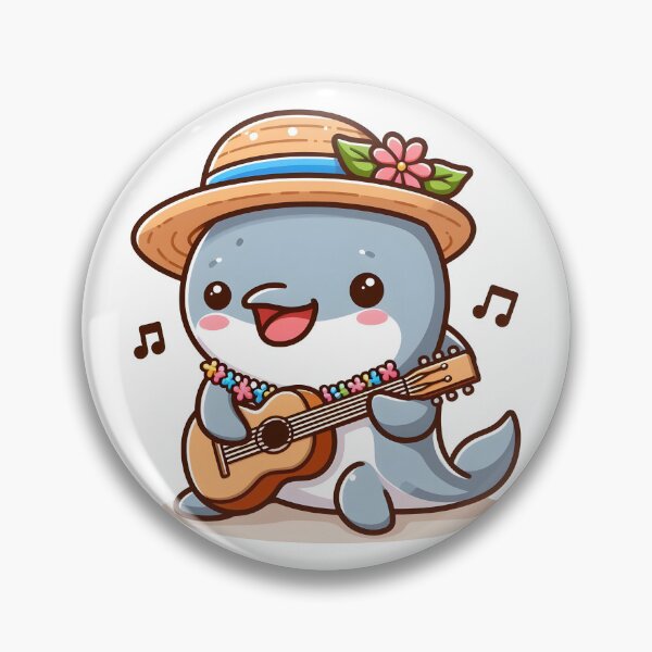 Item preview, Kawaii Dolphin With A Straw Hat And A Lei Playing Guitar designed and sold by CanvasCutie.