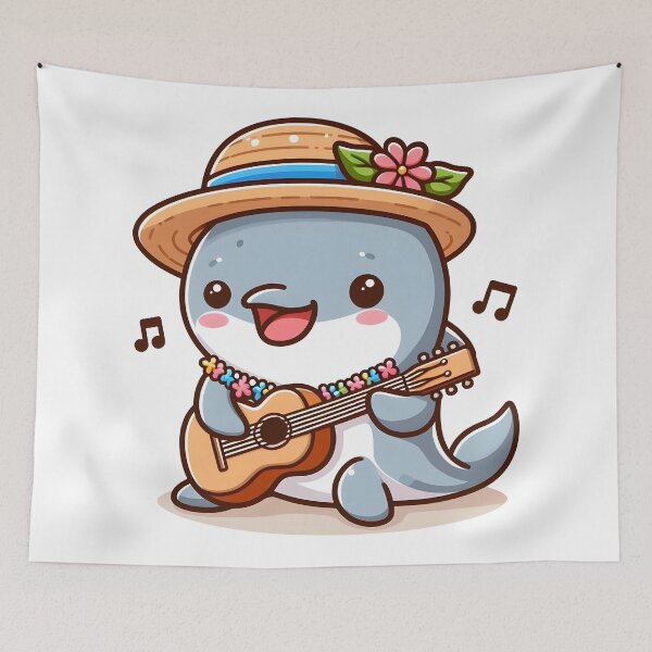 Item preview, Kawaii Dolphin With A Straw Hat And A Lei Playing Guitar designed and sold by CanvasCutie.