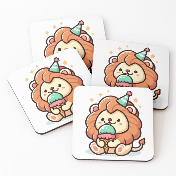Item preview, Kawaii Lion With Party Hat and Ice Cream designed and sold by CanvasCutie.
