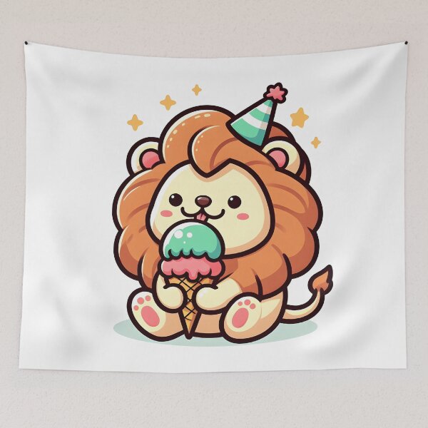 Item preview, Kawaii Lion With Party Hat and Ice Cream designed and sold by CanvasCutie.