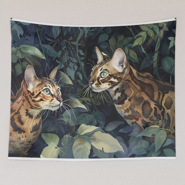 Item preview, “Hidden in the Emeralds” – Two spotted felines blending into the dense, verdant vegetation. designed and sold by PaintedKitties.