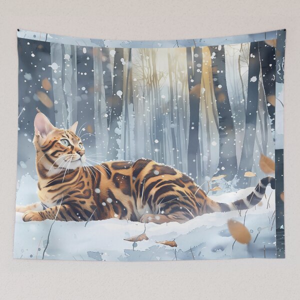 Item preview, "Snowy reverie" - Bengal seems lost in thought, surrounded by dancing snowflakes. designed and sold by PaintedKitties.