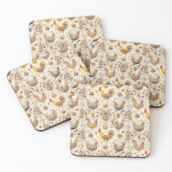 Item preview, Folk Art Golden Rooster and Chickens floral pattern 1 designed and sold by FOLK ART FUSION by heidiannemorris.
