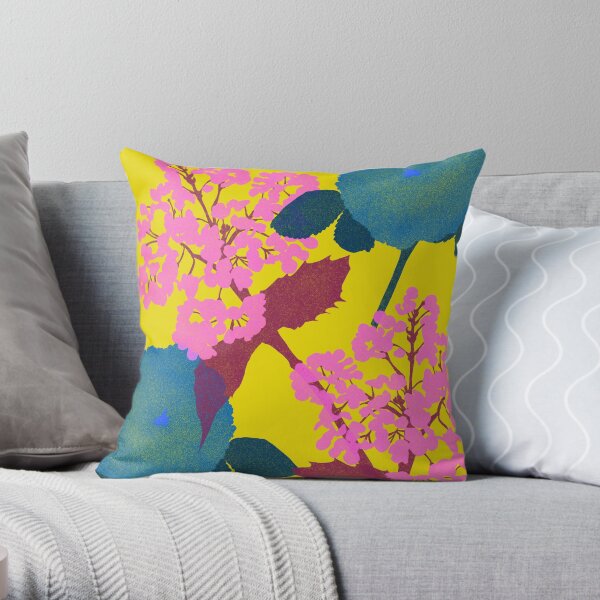 Portland Flora and Fauna in Canary Yellow, Teal, Pink & Burgundy by Jessica Poundstone Throw Pillow