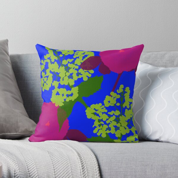 Portland Flora and Fauna in Cerulean, Burgundy and Spring Green by Jessica Poundstone Throw Pillow