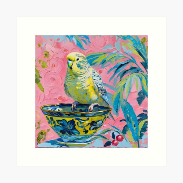 Item preview, Yellow budgie on chinoiserie bowl designed and sold by SophieClimaArt.