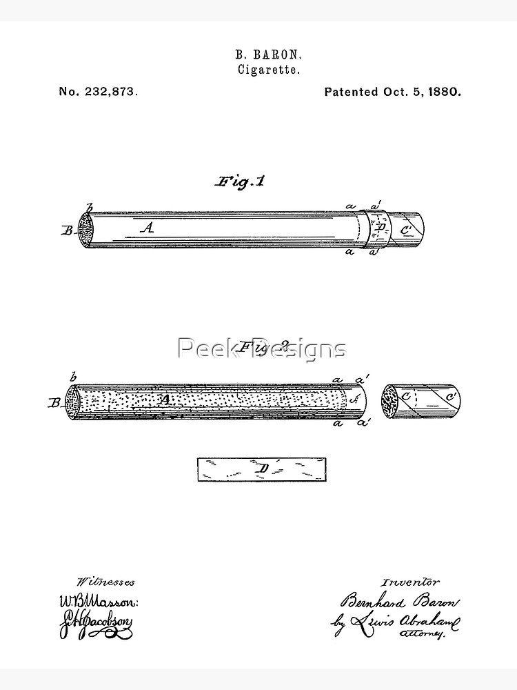 Cigarette 1880 Vintage Patent Invention White Background