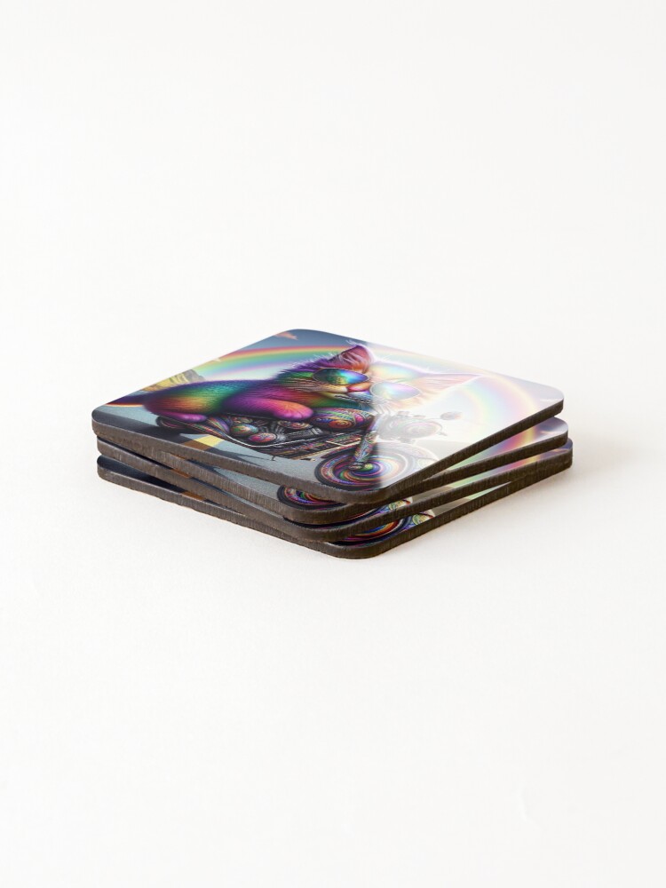 Thumbnail 4 of 5, Coasters (Set of 4), Title: Rainbow Rider  Ngeru (cat) designed and sold by NesianUnity.