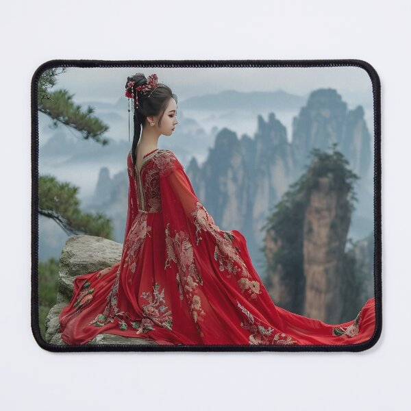 Item preview, Woman in red dress overlooking misty mountains designed and sold by Artessie.
