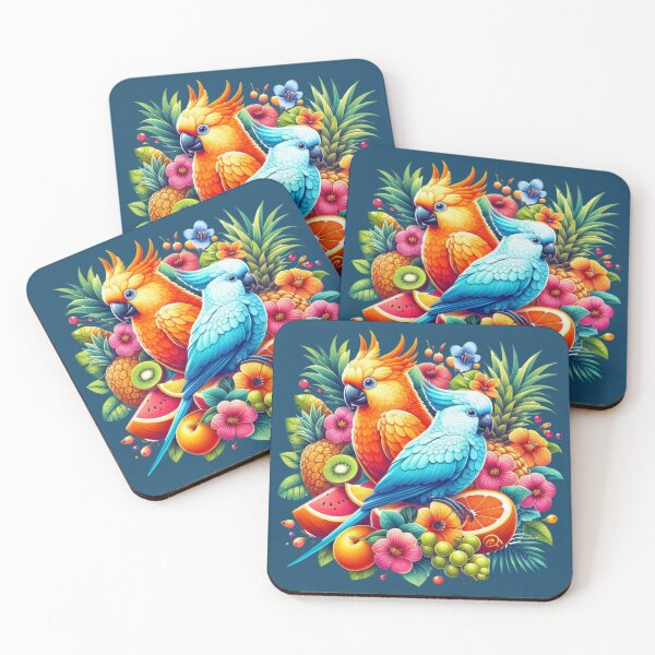 Item preview, Tropical happiness, orange and blue cockatoo birds, tropical fruits and flowers  designed and sold by coloursforkids.