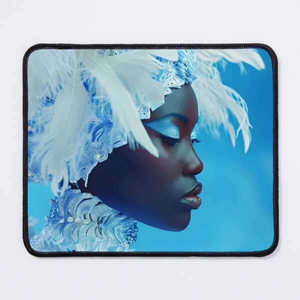 Item preview, black woman portrait with White feathers on blue designed and sold by Artessie.