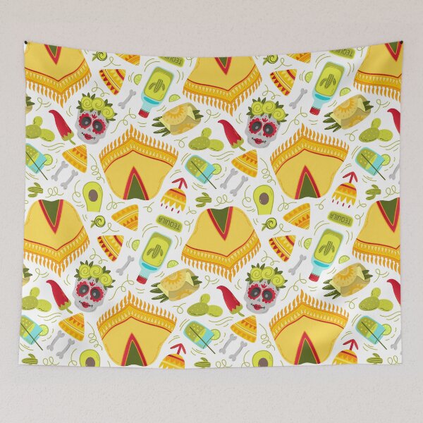 Item preview,  Seamless pattern with flat Mexican poncho, skull, food designed and sold by Nattalu.