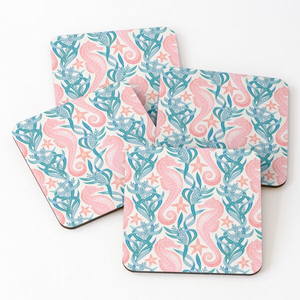 Item preview, Pastel Pink Seahorse and Starfish with Blue Seaweed on Cream Pattern designed and sold by micklyn.