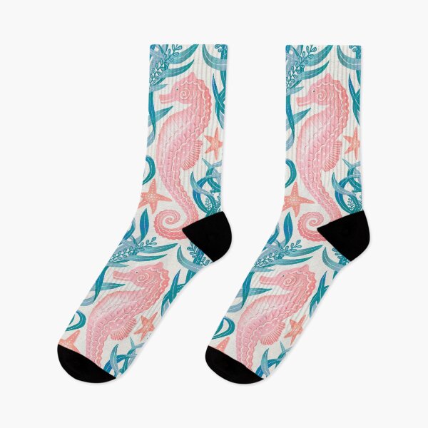Item preview, Pastel Pink Seahorse and Starfish with Blue Seaweed on Cream Pattern designed and sold by micklyn.
