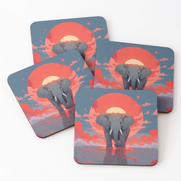 Item preview, Elephant emerging through horizon with reflection and red sun, clouds and halo designed and sold by Meena-tta.