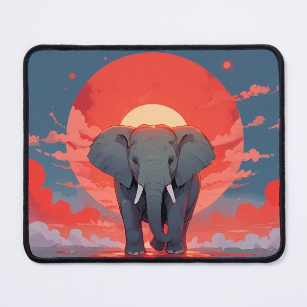 Item preview, Elephant emerging through horizon with reflection and red sun, clouds and halo designed and sold by Meena-tta.