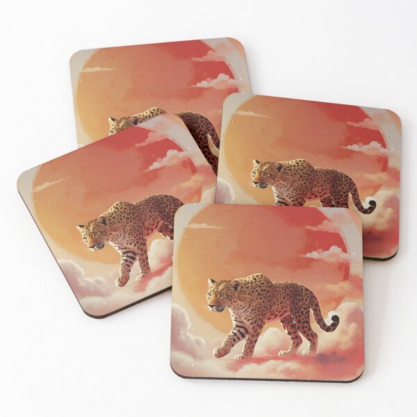 Item preview, Leopard walking against red sun, clouds and halo background wild animal designed and sold by Meena-tta.