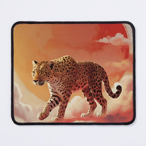Item preview, Leopard walking against red sun, clouds and halo background wild animal designed and sold by Meena-tta.