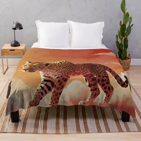Item preview, Leopard walking against red sun, clouds and halo background wild animal designed and sold by Meena-tta.