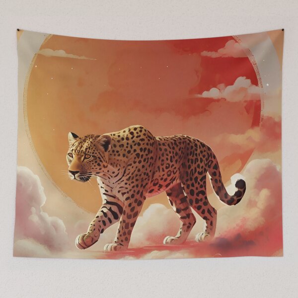 Item preview, Leopard walking against red sun, clouds and halo background wild animal designed and sold by Meena-tta.