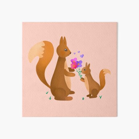 Squirrel Mum Getting Flowers from her Child Art Board Print