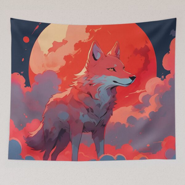 Item preview, Fox standing against red sun, clouds and halo background wild animal designed and sold by Meena-tta.