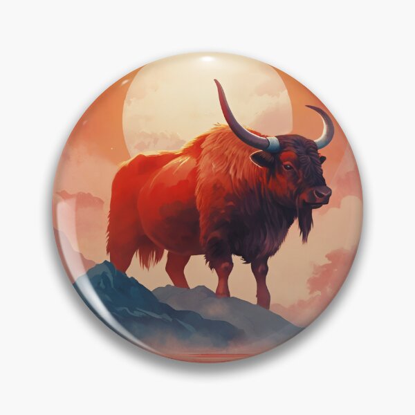Item preview, Yak ox standing against red sun, clouds and halo background wild animal designed and sold by Meena-tta.