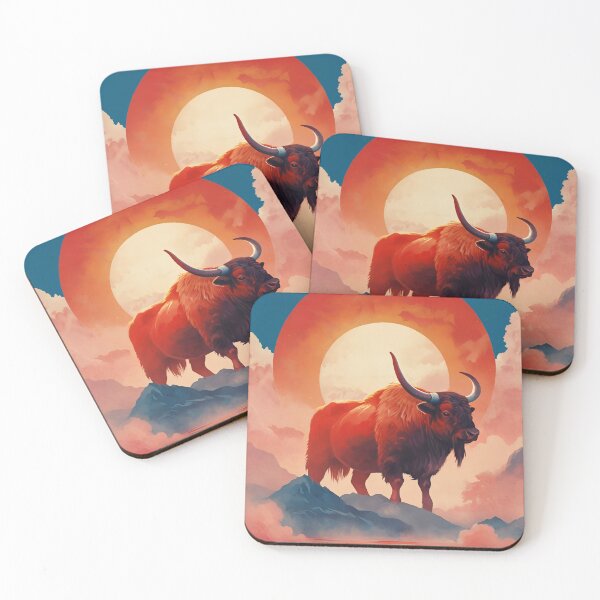 Item preview, Yak ox standing against red sun, clouds and halo background wild animal designed and sold by Meena-tta.