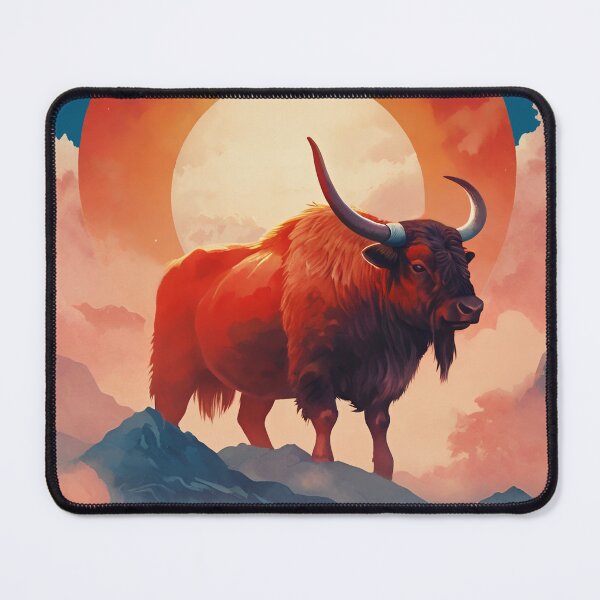Item preview, Yak ox standing against red sun, clouds and halo background wild animal designed and sold by Meena-tta.