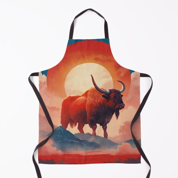 Item preview, Yak ox standing against red sun, clouds and halo background wild animal designed and sold by Meena-tta.