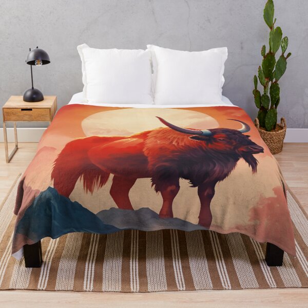 Item preview, Yak ox standing against red sun, clouds and halo background wild animal designed and sold by Meena-tta.