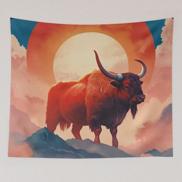 Item preview, Yak ox standing against red sun, clouds and halo background wild animal designed and sold by Meena-tta.