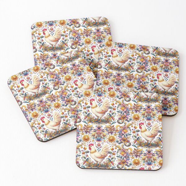 Item preview, Folk Art Chicken floral pattern 7 designed and sold by FOLK ART FUSION by heidiannemorris.