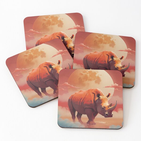 Item preview, Rhino standing against red sun, clouds background horn wild animal designed and sold by Meena-tta.