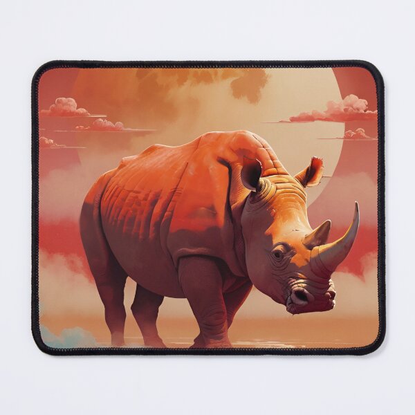 Item preview, Rhino standing against red sun, clouds background horn wild animal designed and sold by Meena-tta.