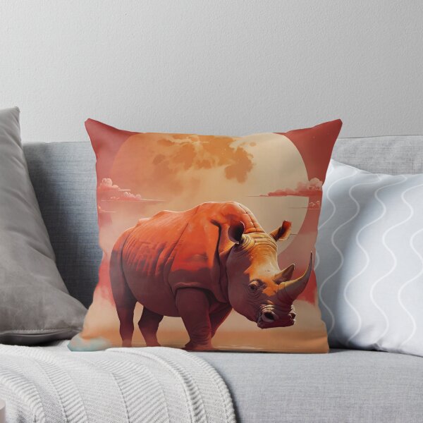Item preview, Rhino standing against red sun, clouds background horn wild animal designed and sold by Meena-tta.